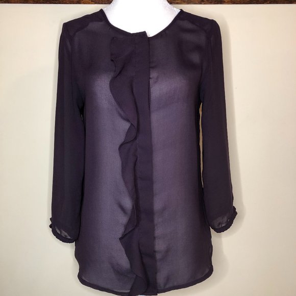 H&M 3/4 Sleeve Purple Sheer Ruffle Front Blouse - Picture 1 of 10